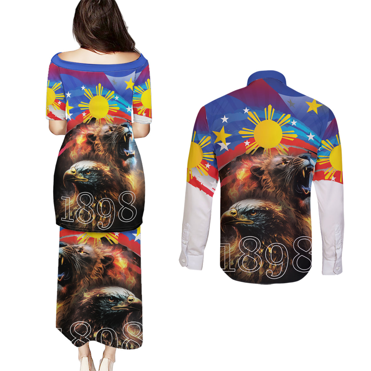 Philippines Lion and Eagle 1898 Couples Matching Puletasi and Long Sleeve Button Shirt Pilipinas Maligayang Araw ng Kalayaan