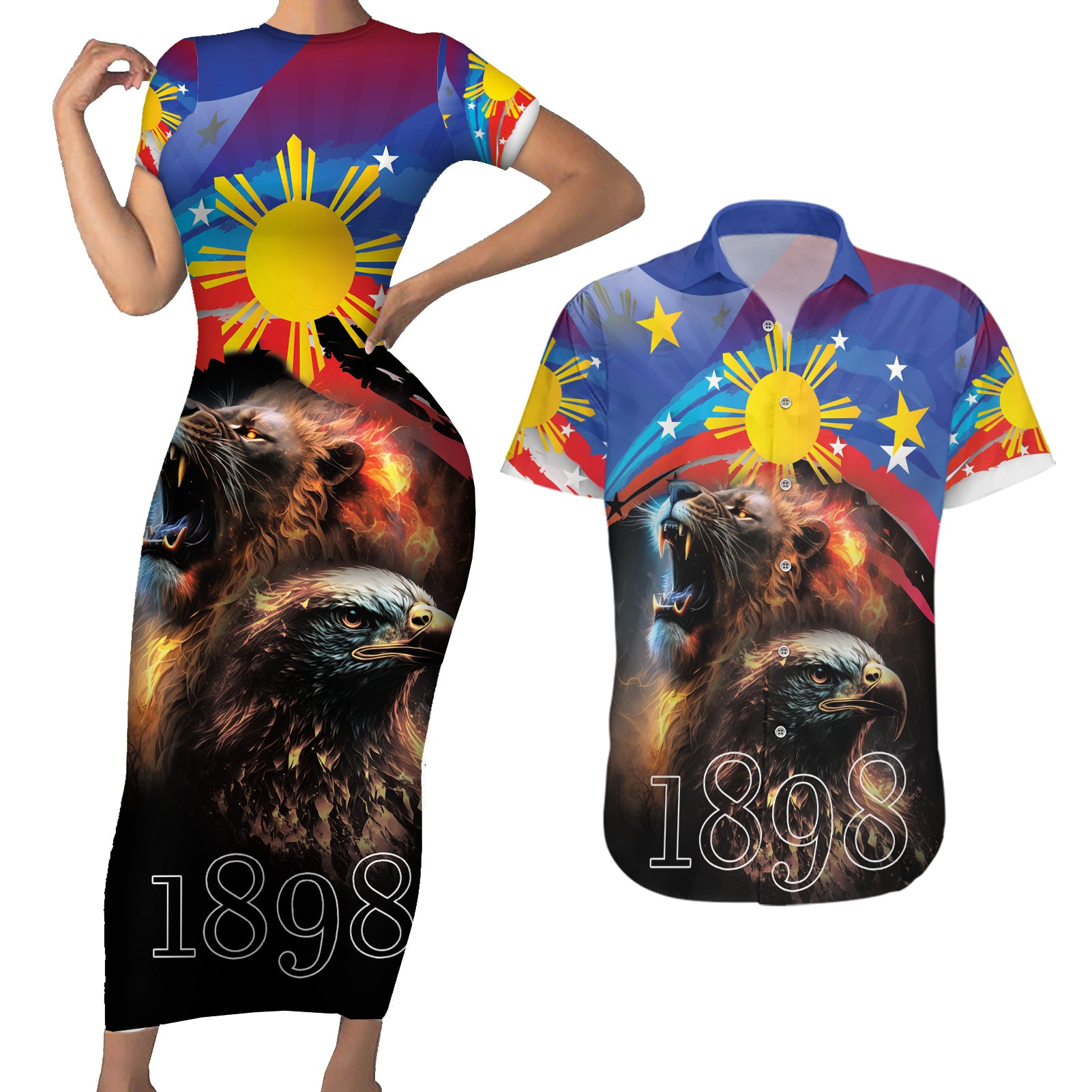 Philippines Lion and Eagle 1898 Couples Matching Short Sleeve Bodycon Dress and Hawaiian Shirt Pilipinas Maligayang Araw ng Kalayaan