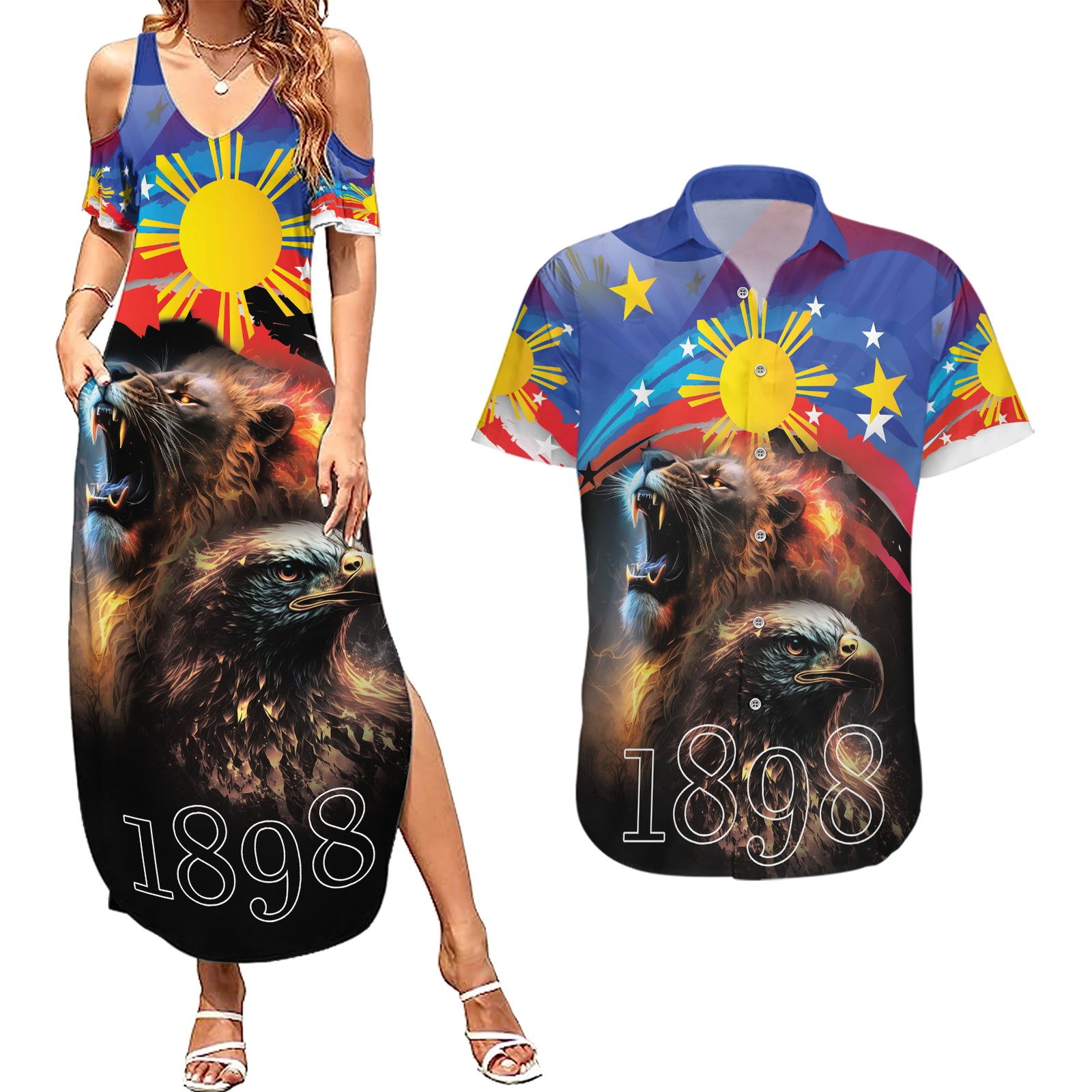 Philippines Lion and Eagle 1898 Couples Matching Summer Maxi Dress and Hawaiian Shirt Pilipinas Maligayang Araw ng Kalayaan
