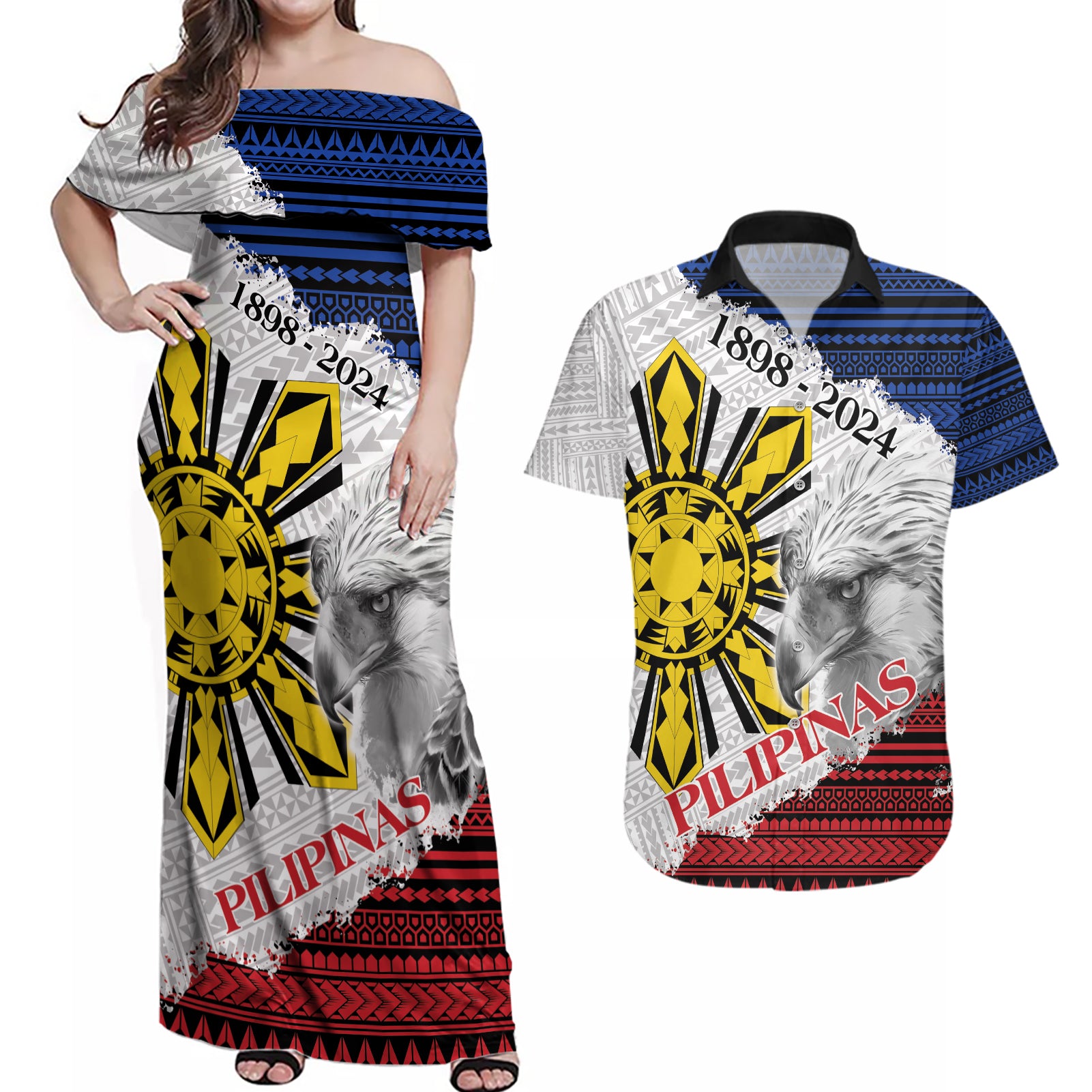 Philippines 126th Independence Day Couples Matching Off Shoulder Maxi Dress and Hawaiian Shirt Pilipinas Hunyo 12 Maligayang Araw ng Kalayaan