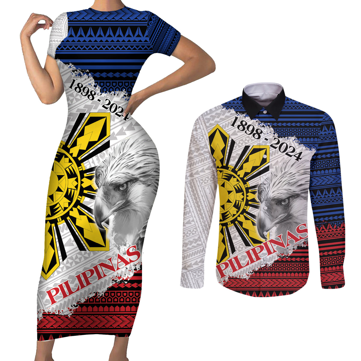 Philippines 126th Independence Day Couples Matching Short Sleeve Bodycon Dress and Long Sleeve Button Shirt Pilipinas Hunyo 12 Maligayang Araw ng Kalayaan