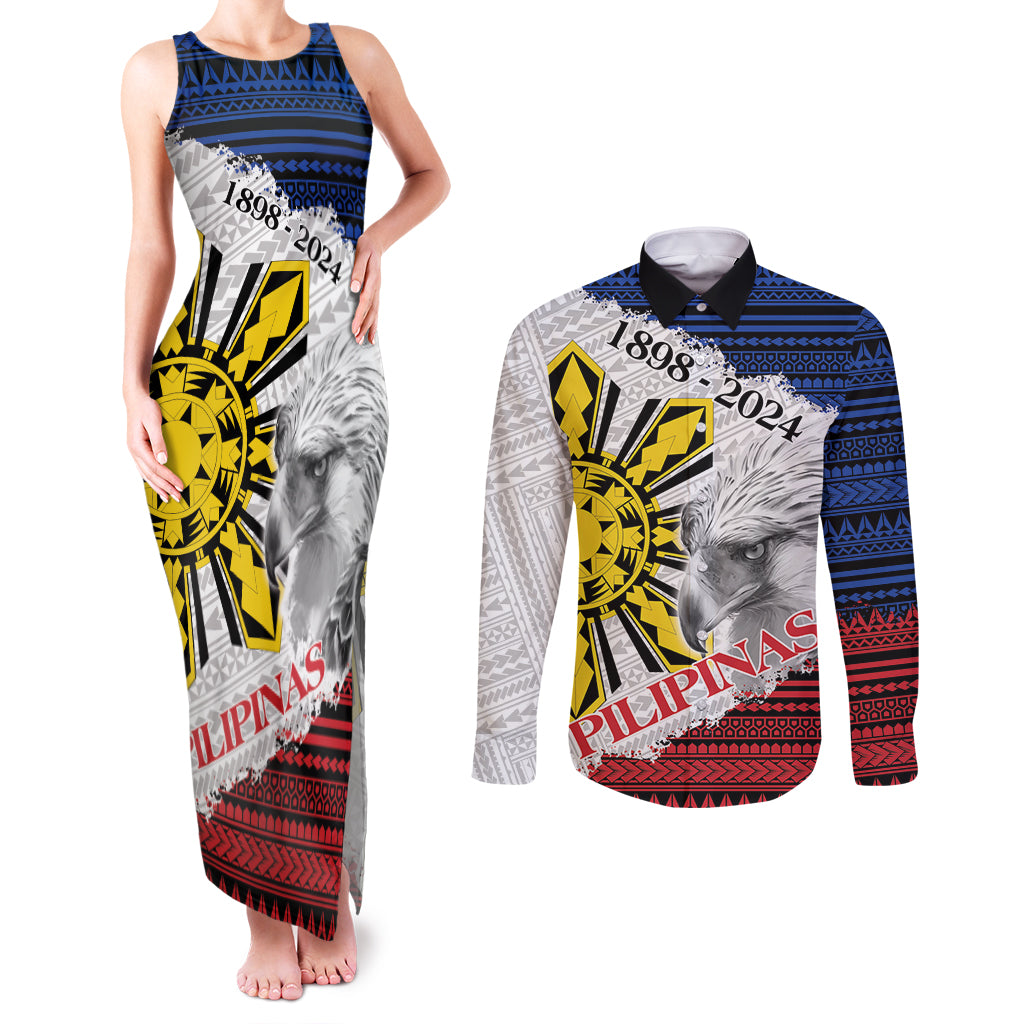 Philippines 126th Independence Day Couples Matching Tank Maxi Dress and Long Sleeve Button Shirt Pilipinas Hunyo 12 Maligayang Araw ng Kalayaan