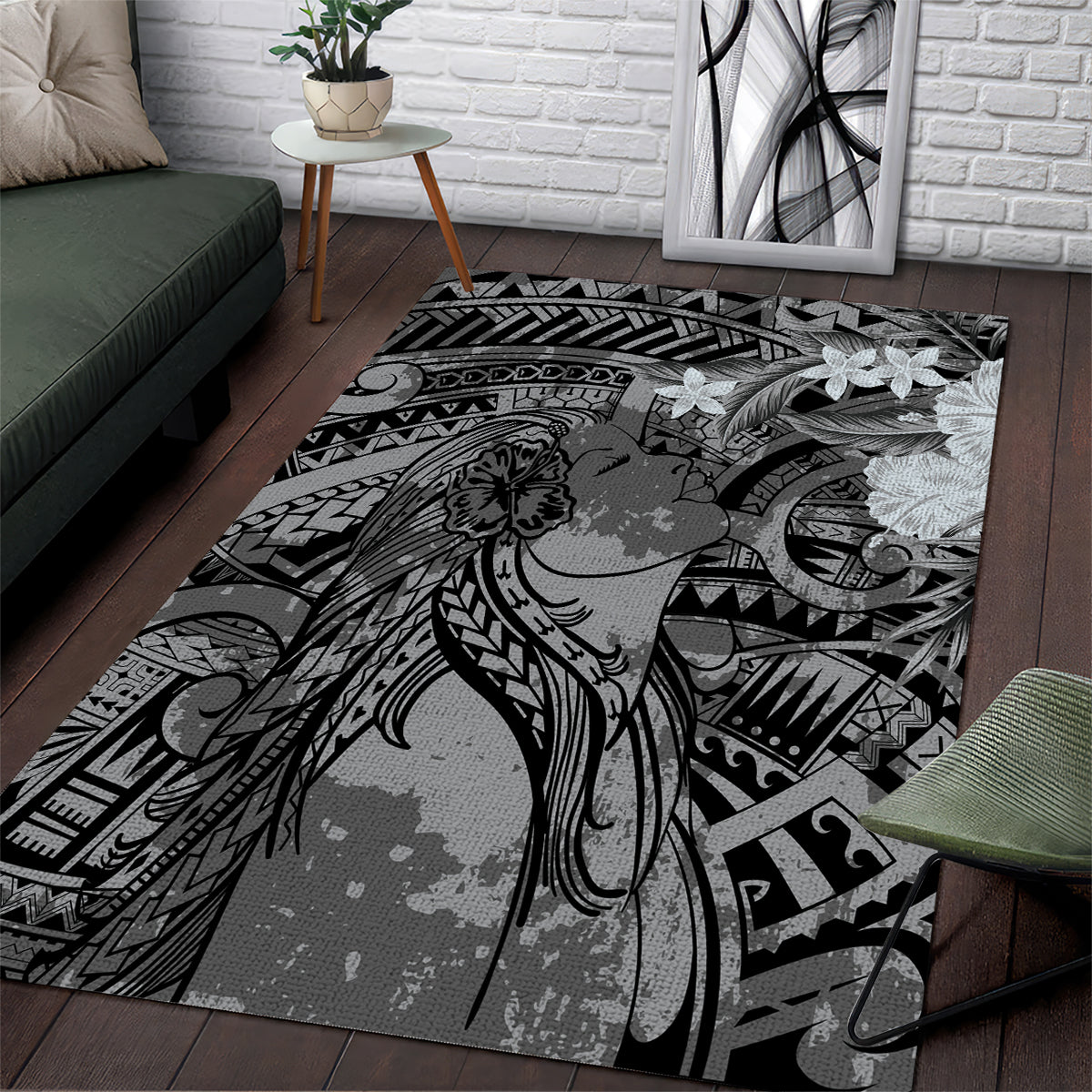 Pacific Beauty Girl Area Rug Black Polyneisan Tribal Vintage Motif