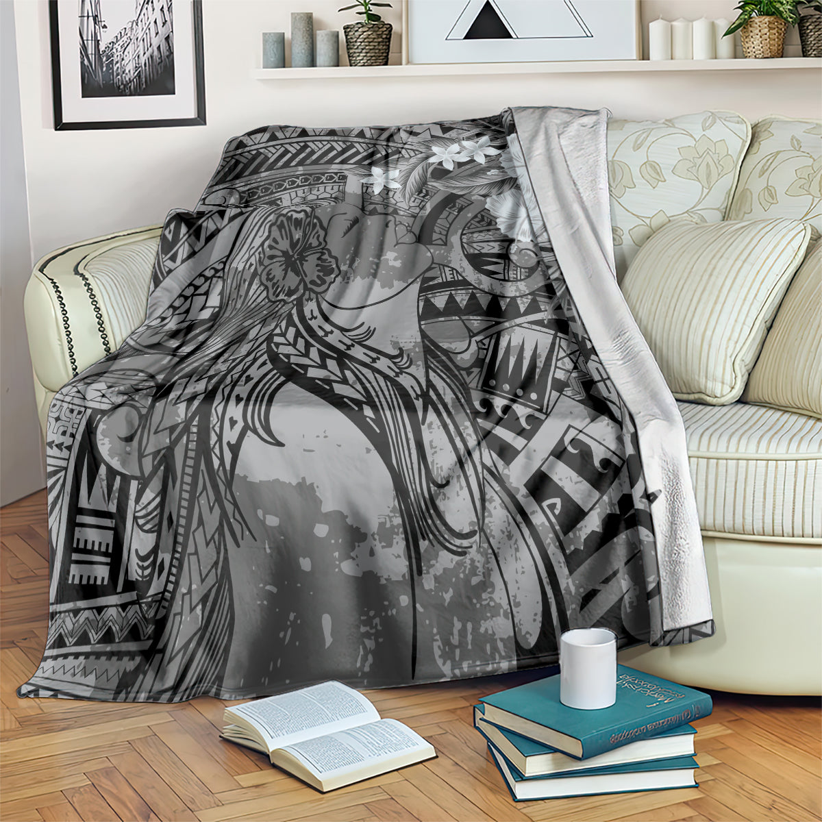 Pacific Beauty Girl Blanket Black Polyneisan Tribal Vintage Motif LT9 Black - Polynesian Pride