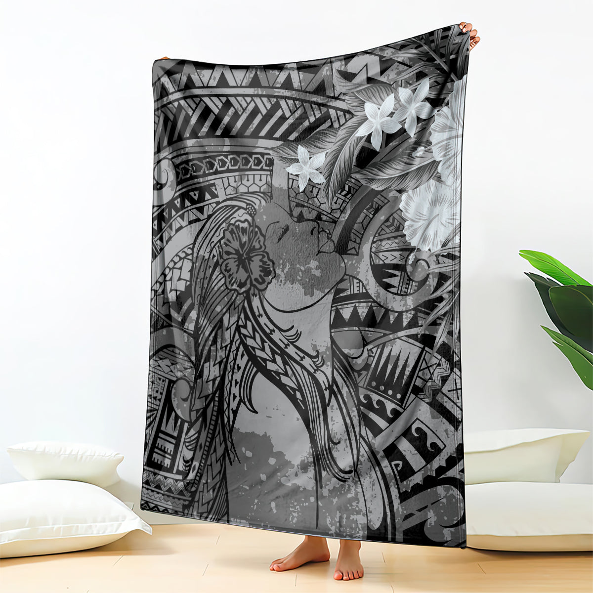 Pacific Beauty Girl Blanket Black Polyneisan Tribal Vintage Motif LT9 - Polynesian Pride