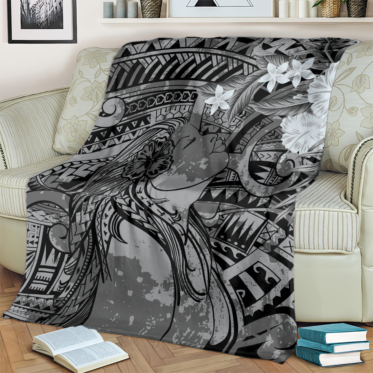 Pacific Beauty Girl Blanket Black Polyneisan Tribal Vintage Motif LT9 - Polynesian Pride