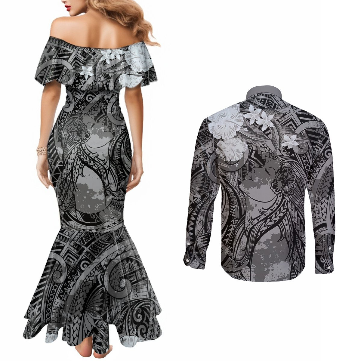 Pacific Beauty Girl Couples Matching Mermaid Dress and Long Sleeve Button Shirt Black Polyneisan Tribal Vintage Motif