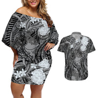 Pacific Beauty Girl Couples Matching Off Shoulder Short Dress and Hawaiian Shirt Black Polyneisan Tribal Vintage Motif