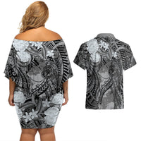 Pacific Beauty Girl Couples Matching Off Shoulder Short Dress and Hawaiian Shirt Black Polyneisan Tribal Vintage Motif