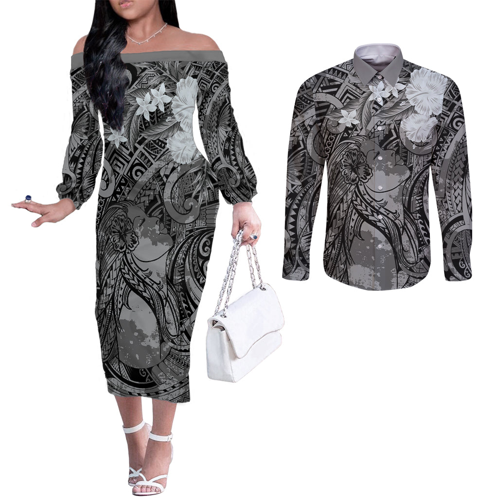 Pacific Beauty Girl Couples Matching Off The Shoulder Long Sleeve Dress and Long Sleeve Button Shirt Black Polyneisan Tribal Vintage Motif