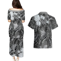 Pacific Beauty Girl Couples Matching Puletasi and Hawaiian Shirt Black Polyneisan Tribal Vintage Motif