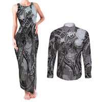 Pacific Beauty Girl Couples Matching Tank Maxi Dress and Long Sleeve Button Shirt Black Polyneisan Tribal Vintage Motif
