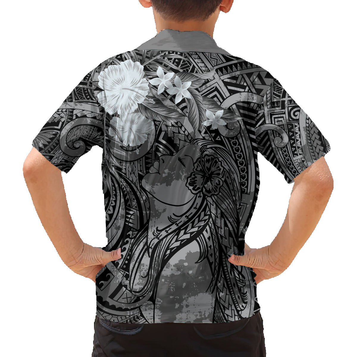 Pacific Beauty Girl Family Matching Long Sleeve Bodycon Dress and Hawaiian Shirt Black Polyneisan Tribal Vintage Motif