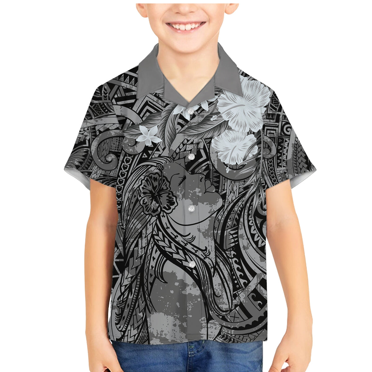 Pacific Beauty Girl Family Matching Mermaid Dress and Hawaiian Shirt Black Polyneisan Tribal Vintage Motif