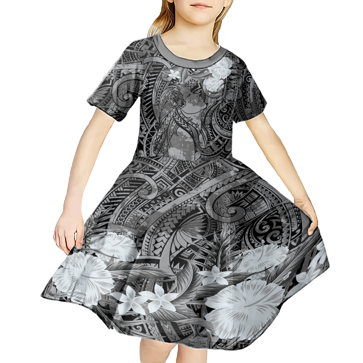 Pacific Beauty Girl Kid Short Sleeve Dress Black Polyneisan Tribal Vintage Motif LT9 - Polynesian Pride
