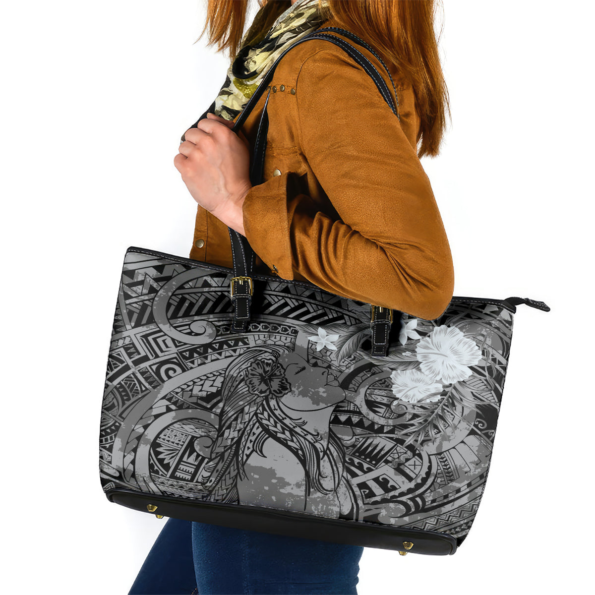 Pacific Beauty Girl Leather Tote Bag Black Polyneisan Tribal Vintage Motif LT9 Black - Polynesian Pride