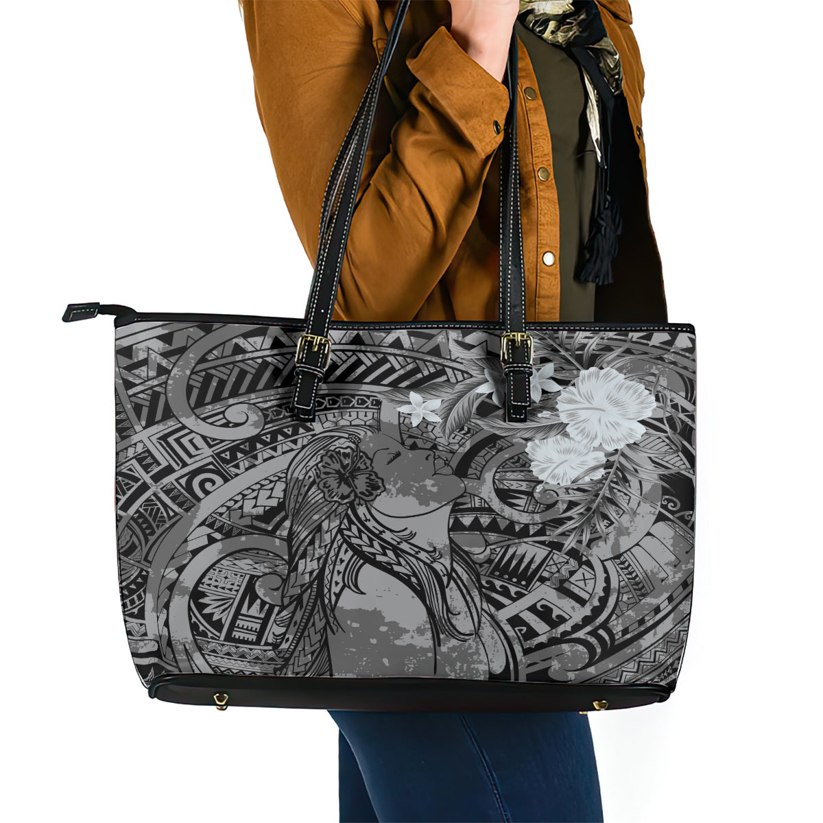 Pacific Beauty Girl Leather Tote Bag Black Polyneisan Tribal Vintage Motif LT9 - Polynesian Pride
