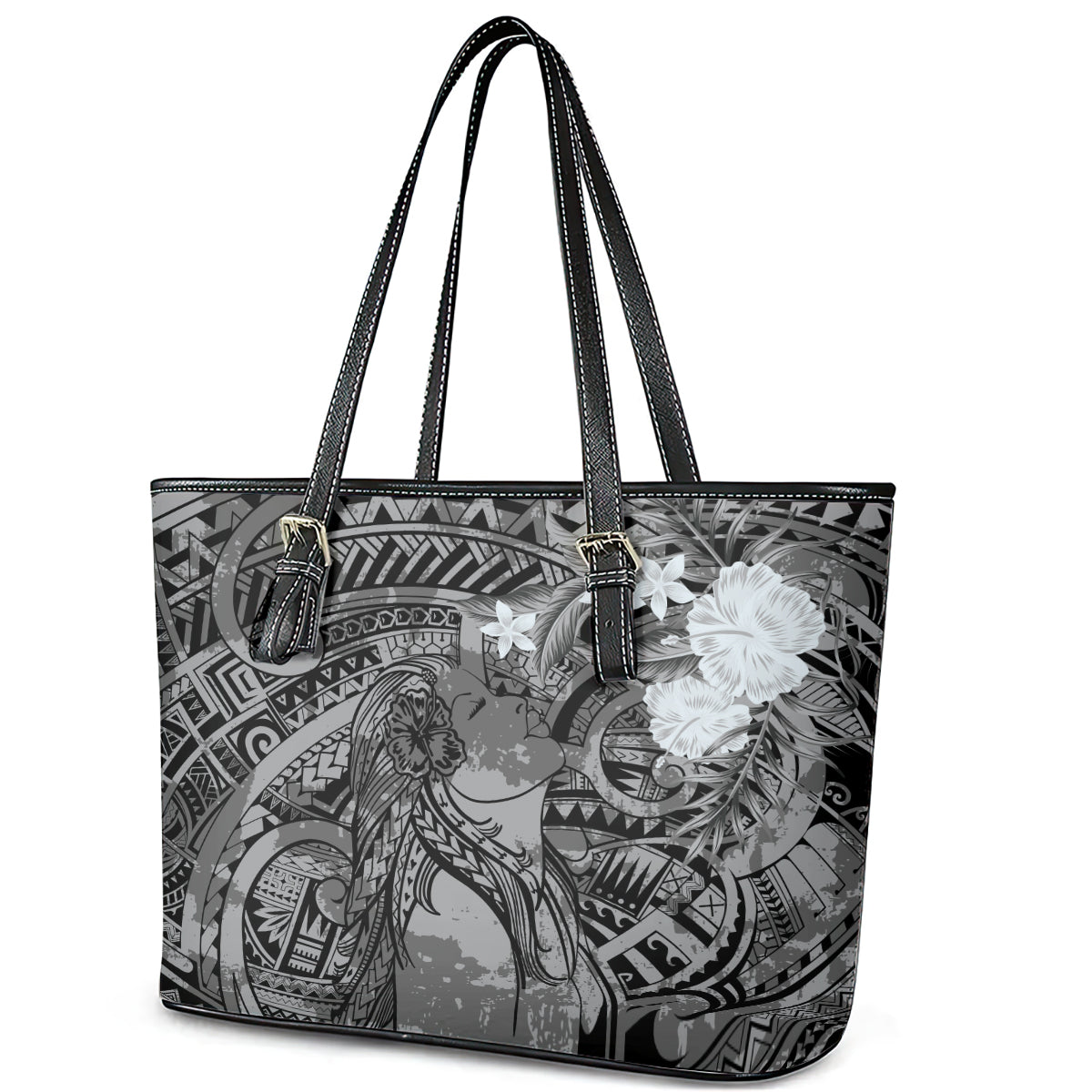 Pacific Beauty Girl Leather Tote Bag Black Polyneisan Tribal Vintage Motif LT9 - Polynesian Pride