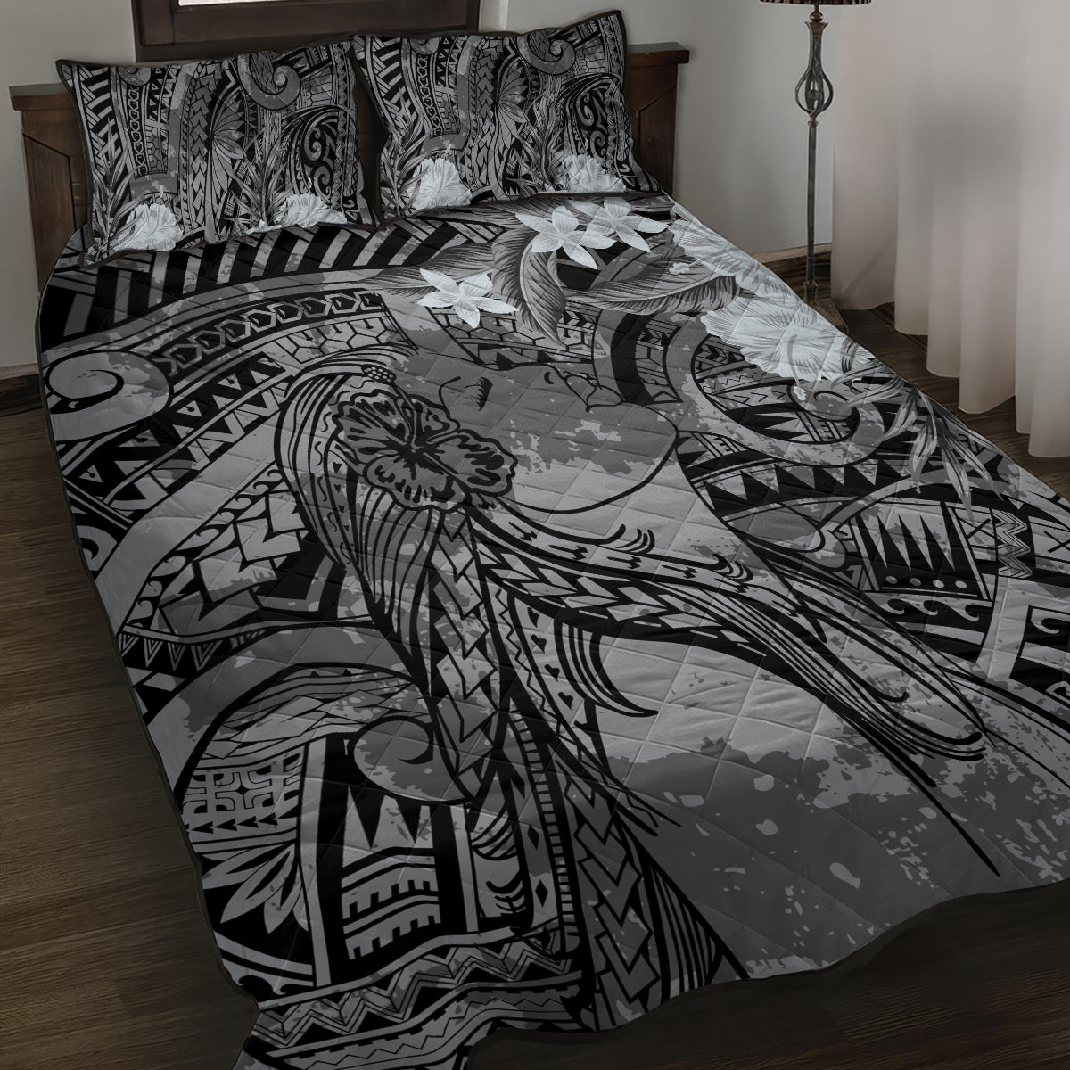 Pacific Beauty Girl Quilt Bed Set Black Polyneisan Tribal Vintage Motif