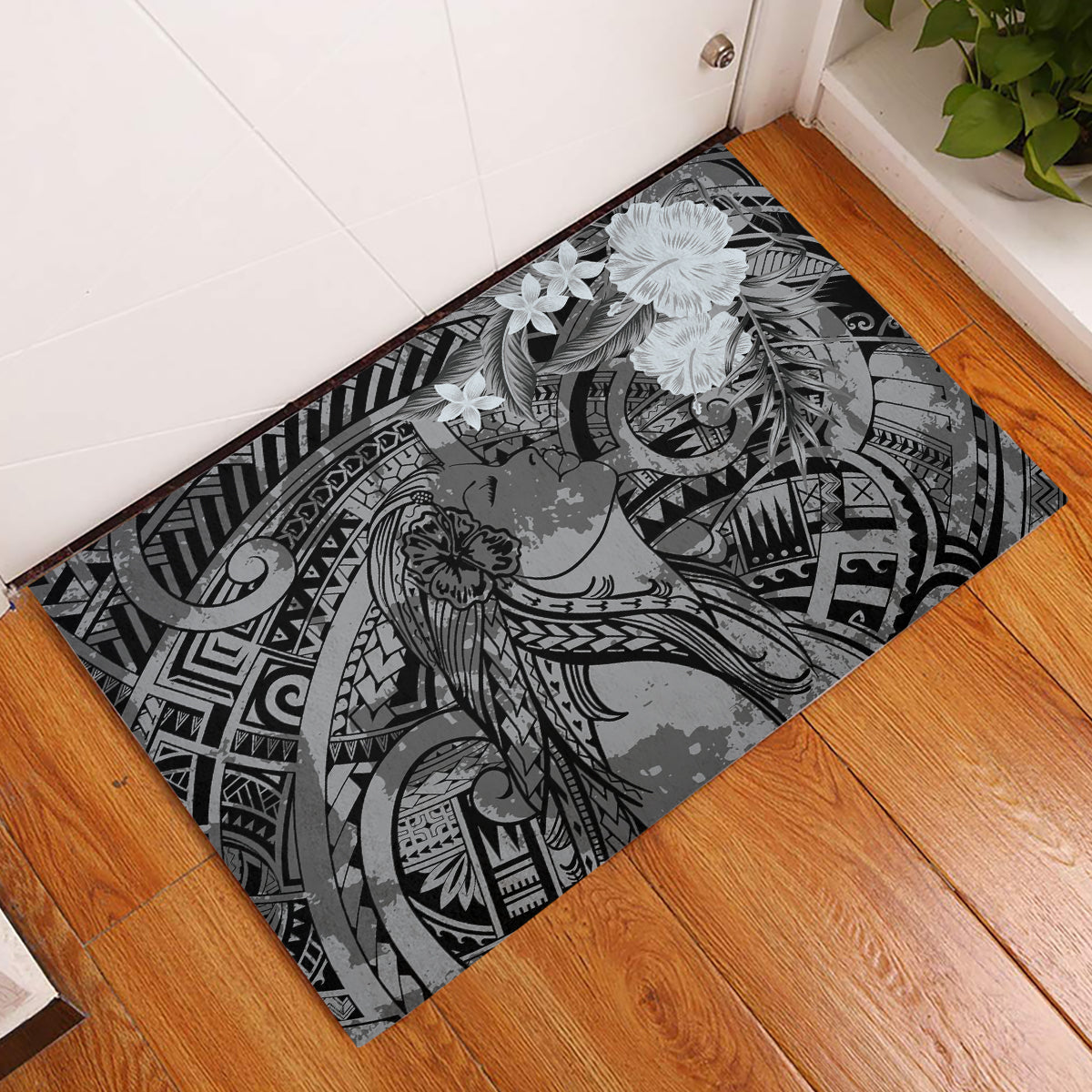 Pacific Beauty Girl Rubber Doormat Black Polyneisan Tribal Vintage Motif