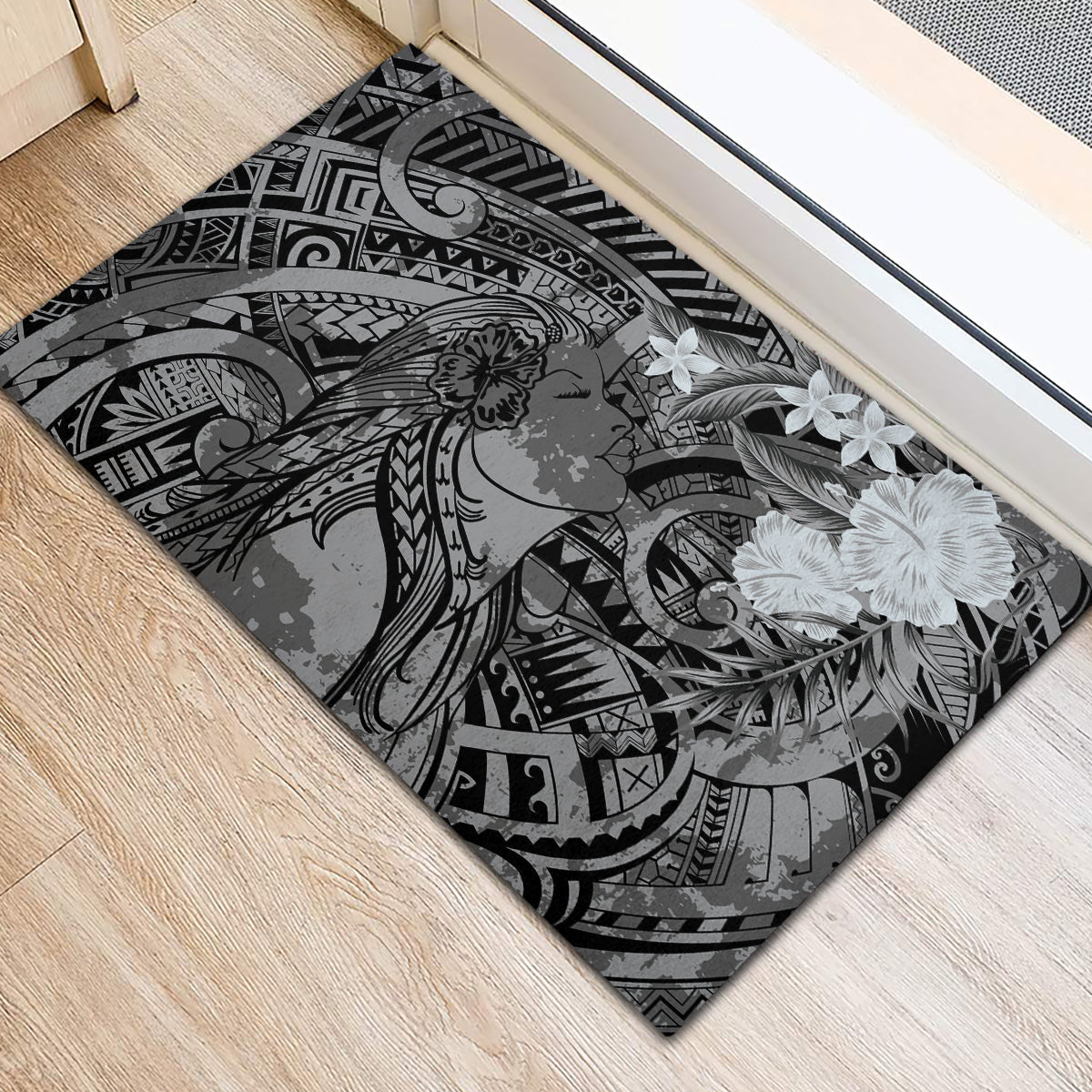 Pacific Beauty Girl Rubber Doormat Black Polyneisan Tribal Vintage Motif