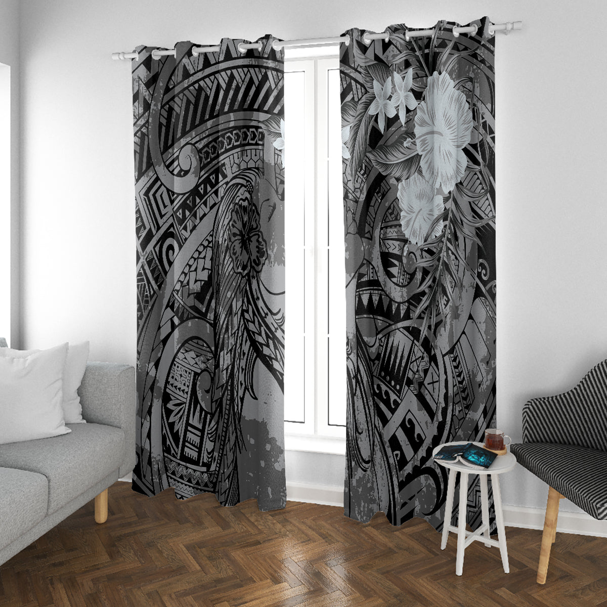 Pacific Beauty Girl Window Curtain Black Polyneisan Tribal Vintage Motif