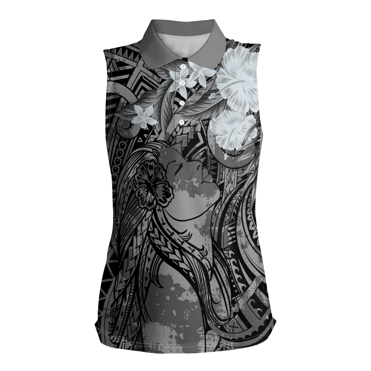 Pacific Beauty Girl Women Sleeveless Polo Shirt Black Polyneisan Tribal Vintage Motif