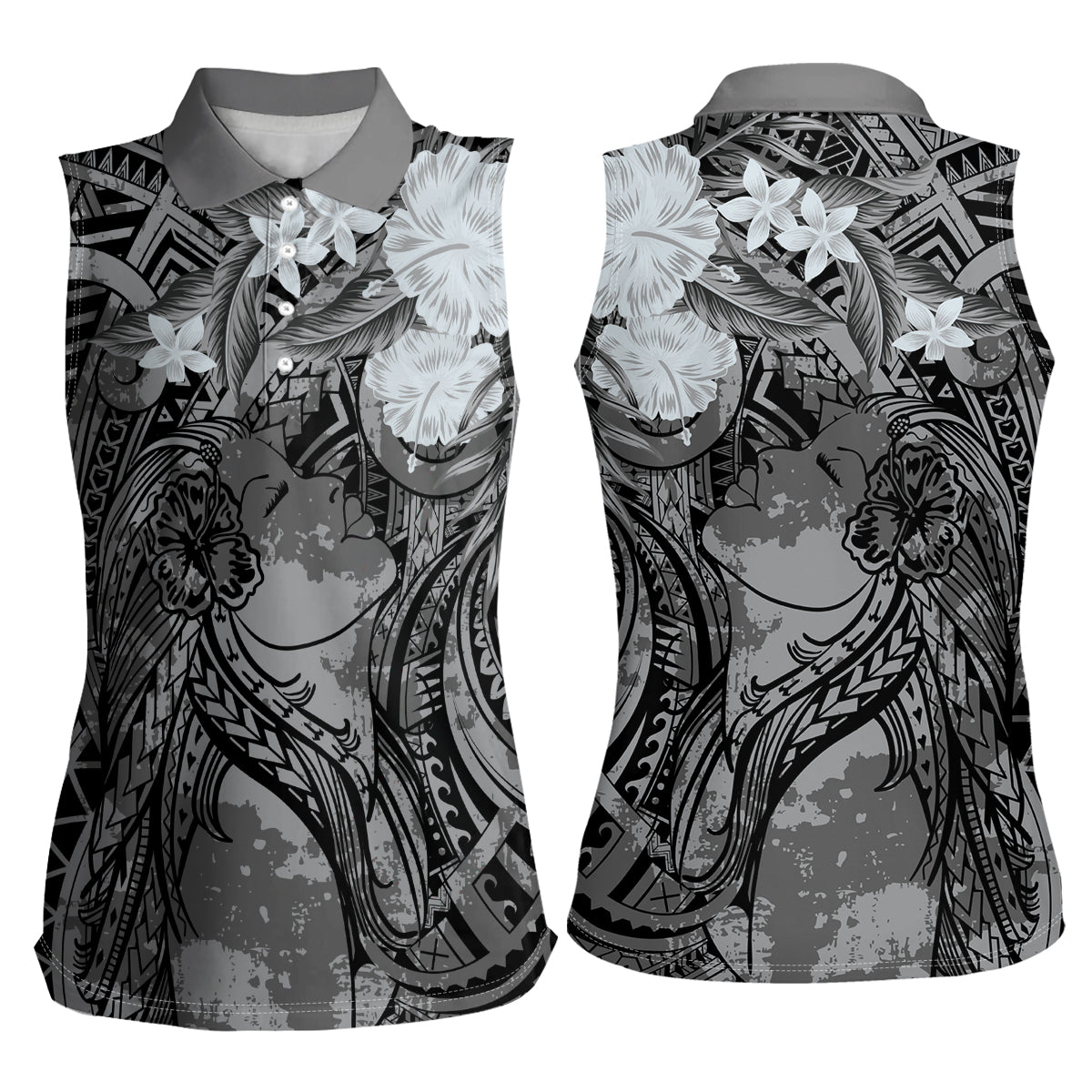 Pacific Beauty Girl Women Sleeveless Polo Shirt Black Polyneisan Tribal Vintage Motif