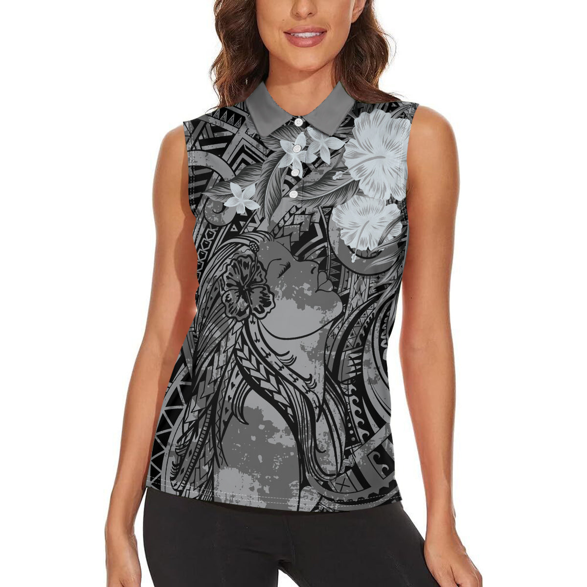 Pacific Beauty Girl Women Sleeveless Polo Shirt Black Polyneisan Tribal Vintage Motif