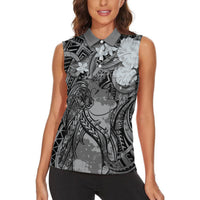 Pacific Beauty Girl Women Sleeveless Polo Shirt Black Polyneisan Tribal Vintage Motif