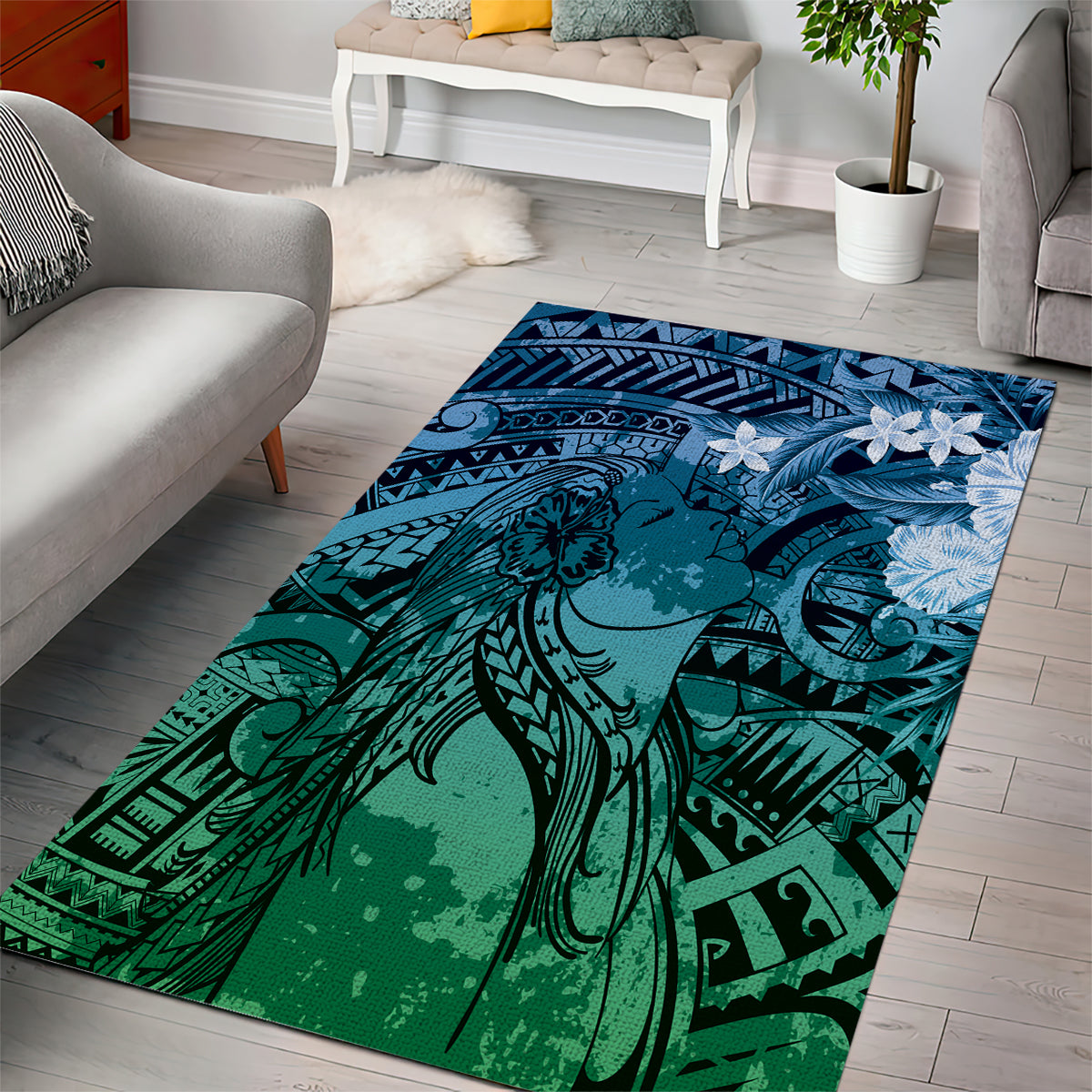 Pacific Beauty Girl Area Rug Blue Polyneisan Tribal Vintage Motif