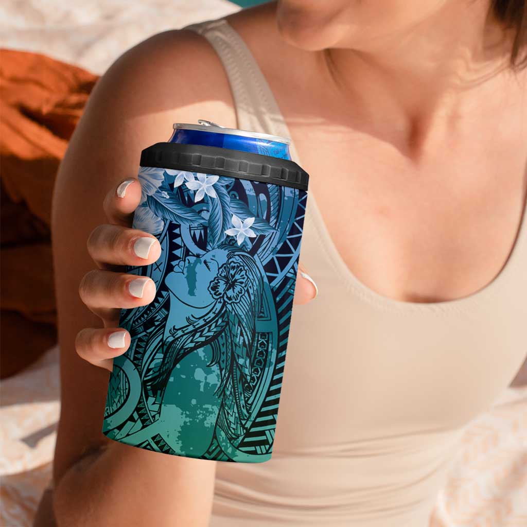 Pacific Beauty Girl 4 in 1 Can Cooler Tumbler Blue Polyneisan Tribal Vintage Motif