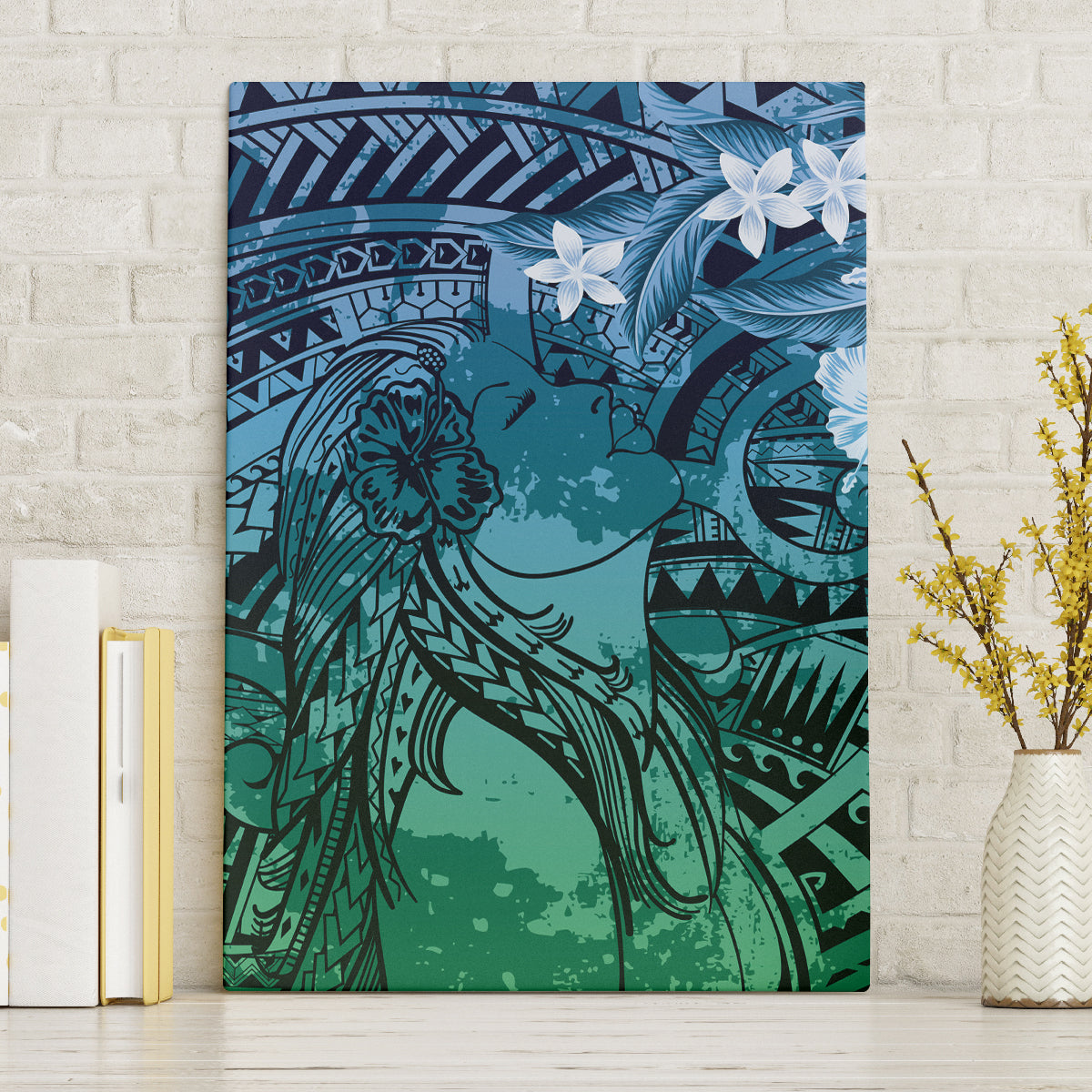 Pacific Beauty Girl Canvas Wall Art Blue Polyneisan Tribal Vintage Motif