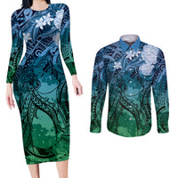 Pacific Beauty Girl Couples Matching Long Sleeve Bodycon Dress and Long Sleeve Button Shirt Blue Polyneisan Tribal Vintage Motif