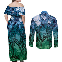Pacific Beauty Girl Couples Matching Off Shoulder Maxi Dress and Long Sleeve Button Shirt Blue Polyneisan Tribal Vintage Motif