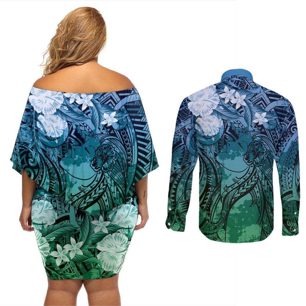 Pacific Beauty Girl Couples Matching Off Shoulder Short Dress and Long Sleeve Button Shirt Blue Polyneisan Tribal Vintage Motif