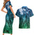 Pacific Beauty Girl Couples Matching Short Sleeve Bodycon Dress and Hawaiian Shirt Blue Polyneisan Tribal Vintage Motif