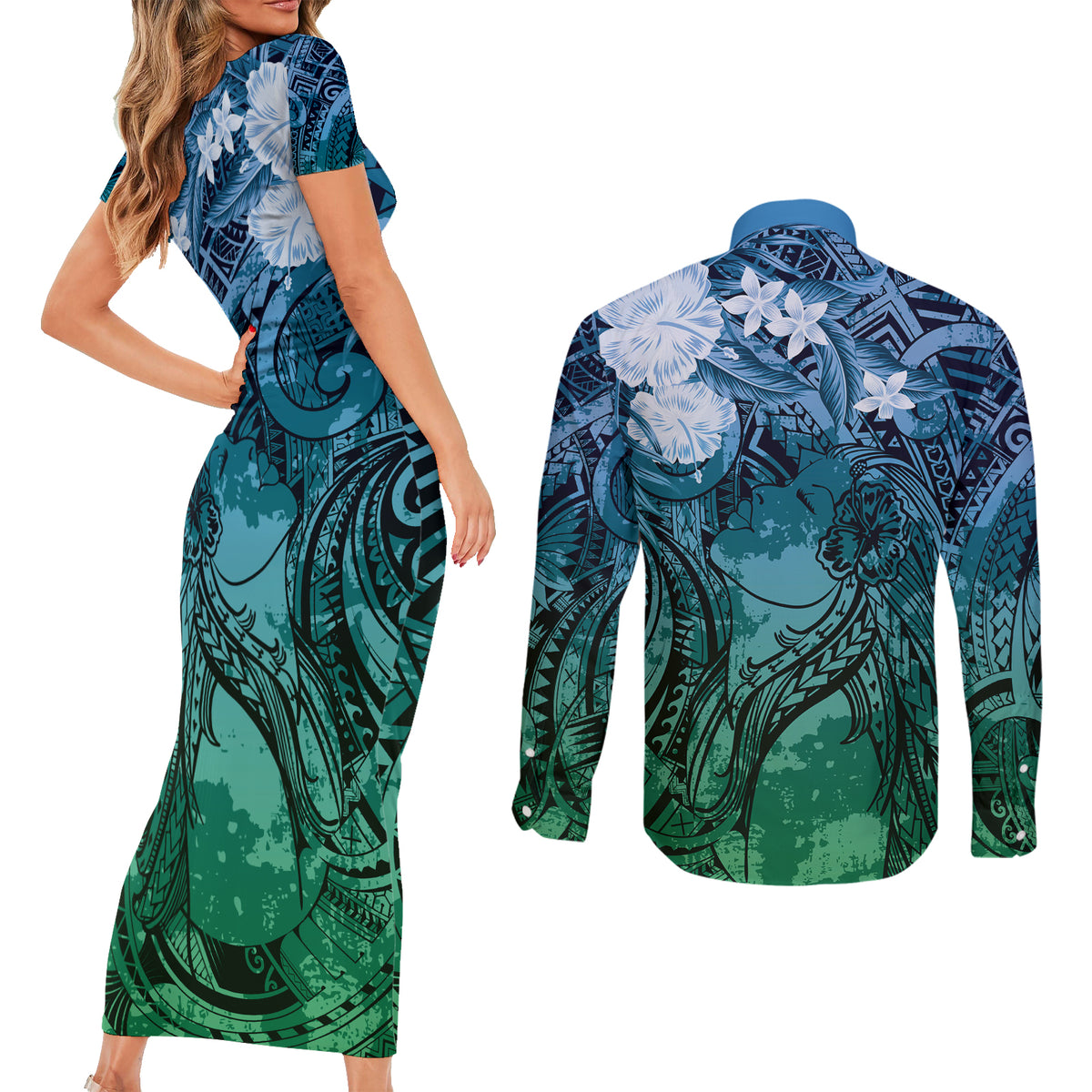 Pacific Beauty Girl Couples Matching Short Sleeve Bodycon Dress and Long Sleeve Button Shirt Blue Polyneisan Tribal Vintage Motif