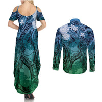 Pacific Beauty Girl Couples Matching Summer Maxi Dress and Long Sleeve Button Shirt Blue Polyneisan Tribal Vintage Motif