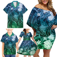 Pacific Beauty Girl Family Matching Off Shoulder Short Dress and Hawaiian Shirt Blue Polyneisan Tribal Vintage Motif