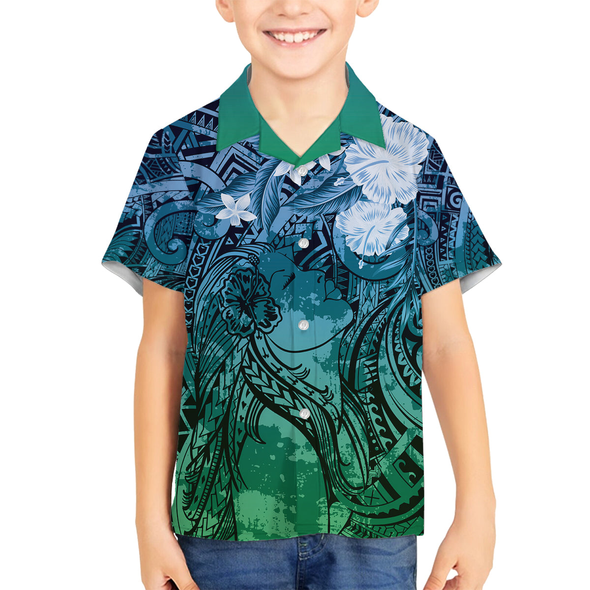 Pacific Beauty Girl Family Matching Summer Maxi Dress and Hawaiian Shirt Blue Polyneisan Tribal Vintage Motif