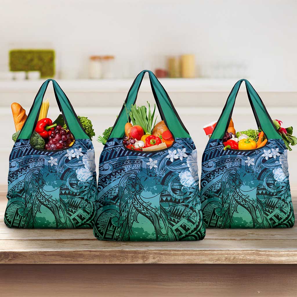 Pacific Beauty Girl Grocery Bag Blue Polyneisan Tribal Vintage Motif