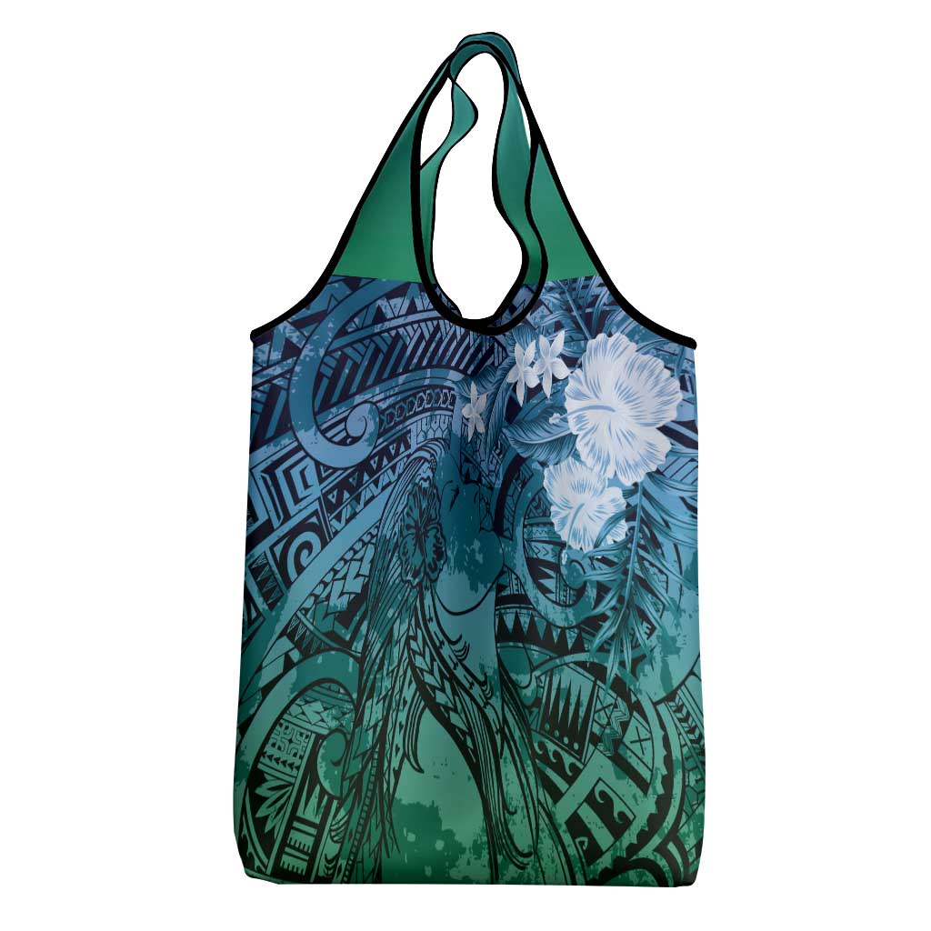Pacific Beauty Girl Grocery Bag Blue Polyneisan Tribal Vintage Motif