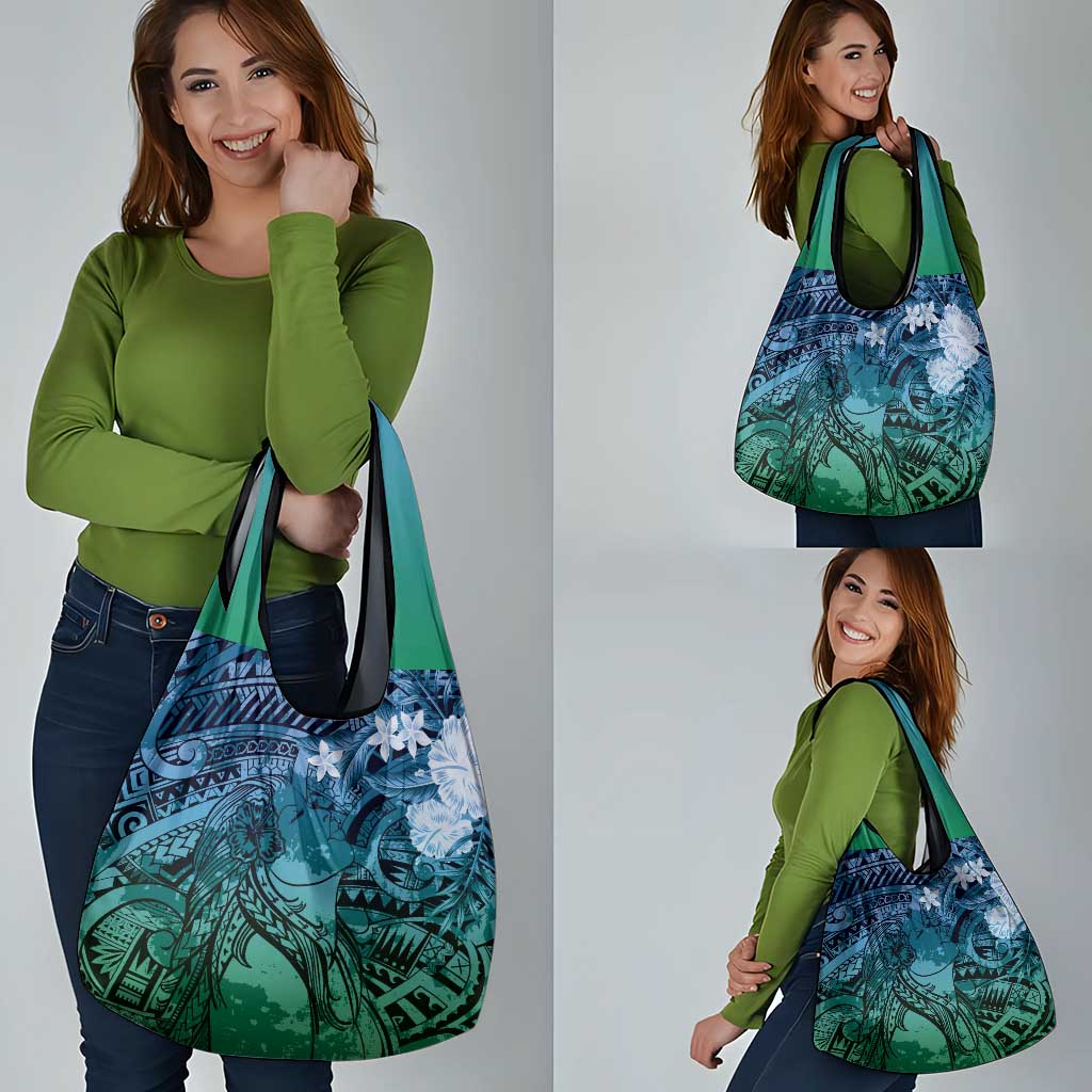 Pacific Beauty Girl Grocery Bag Blue Polyneisan Tribal Vintage Motif