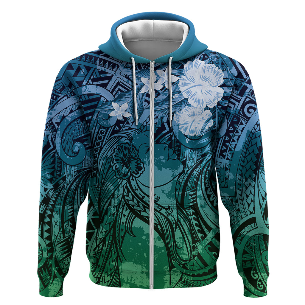 Pacific Beauty Girl Hoodie Blue Polyneisan Tribal Vintage Motif