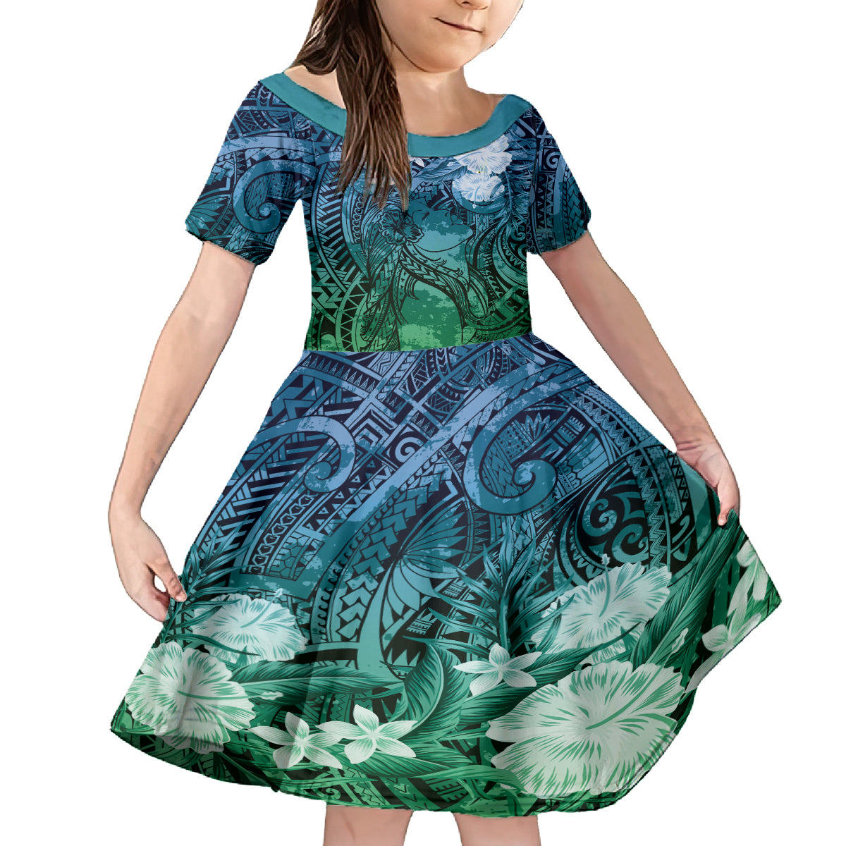 Pacific Beauty Girl Kid Short Sleeve Dress Blue Polyneisan Tribal Vintage Motif LT9 KID Blue - Polynesian Pride