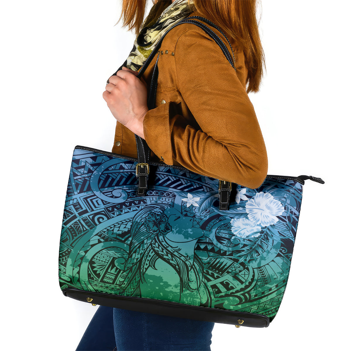 Pacific Beauty Girl Leather Tote Bag Blue Polyneisan Tribal Vintage Motif LT9 Blue - Polynesian Pride