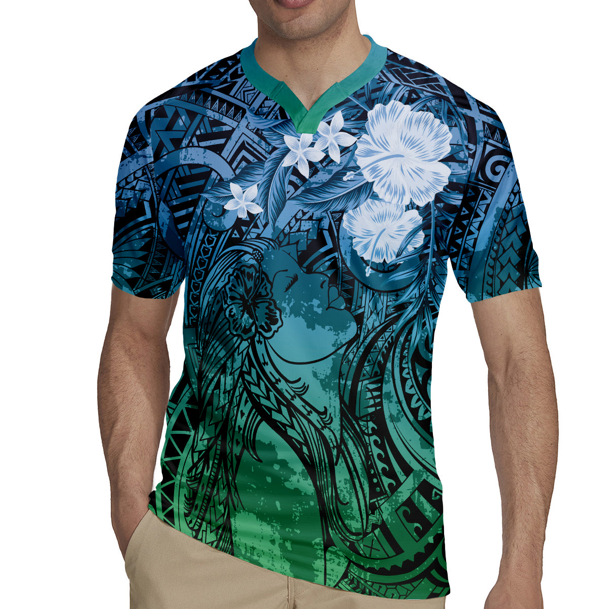 Pacific Beauty Girl Rugby Jersey Blue Polyneisan Tribal Vintage Motif