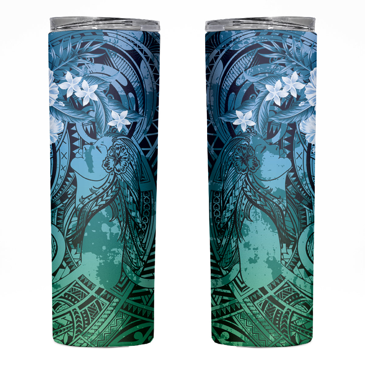 Pacific Beauty Girl Skinny Tumbler Blue Polyneisan Tribal Vintage Motif