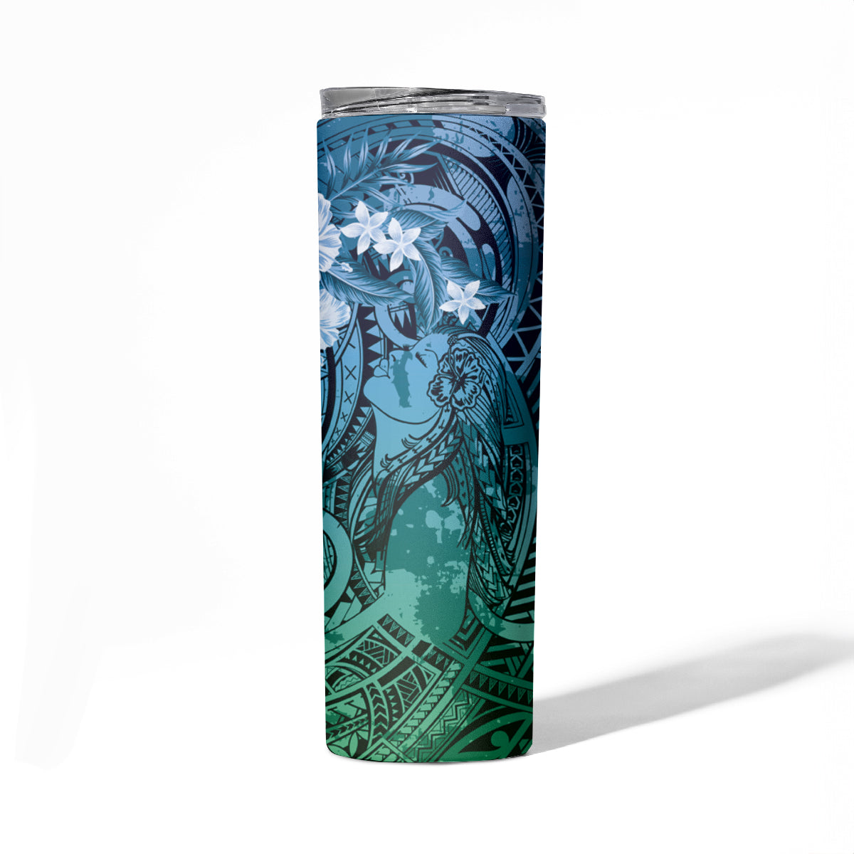 Pacific Beauty Girl Skinny Tumbler Blue Polyneisan Tribal Vintage Motif